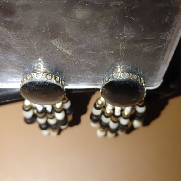Vtg Clip On Earrings Southwestern Chandelier Stone Black MOP White Bead Dangle - Picture 10 of 11